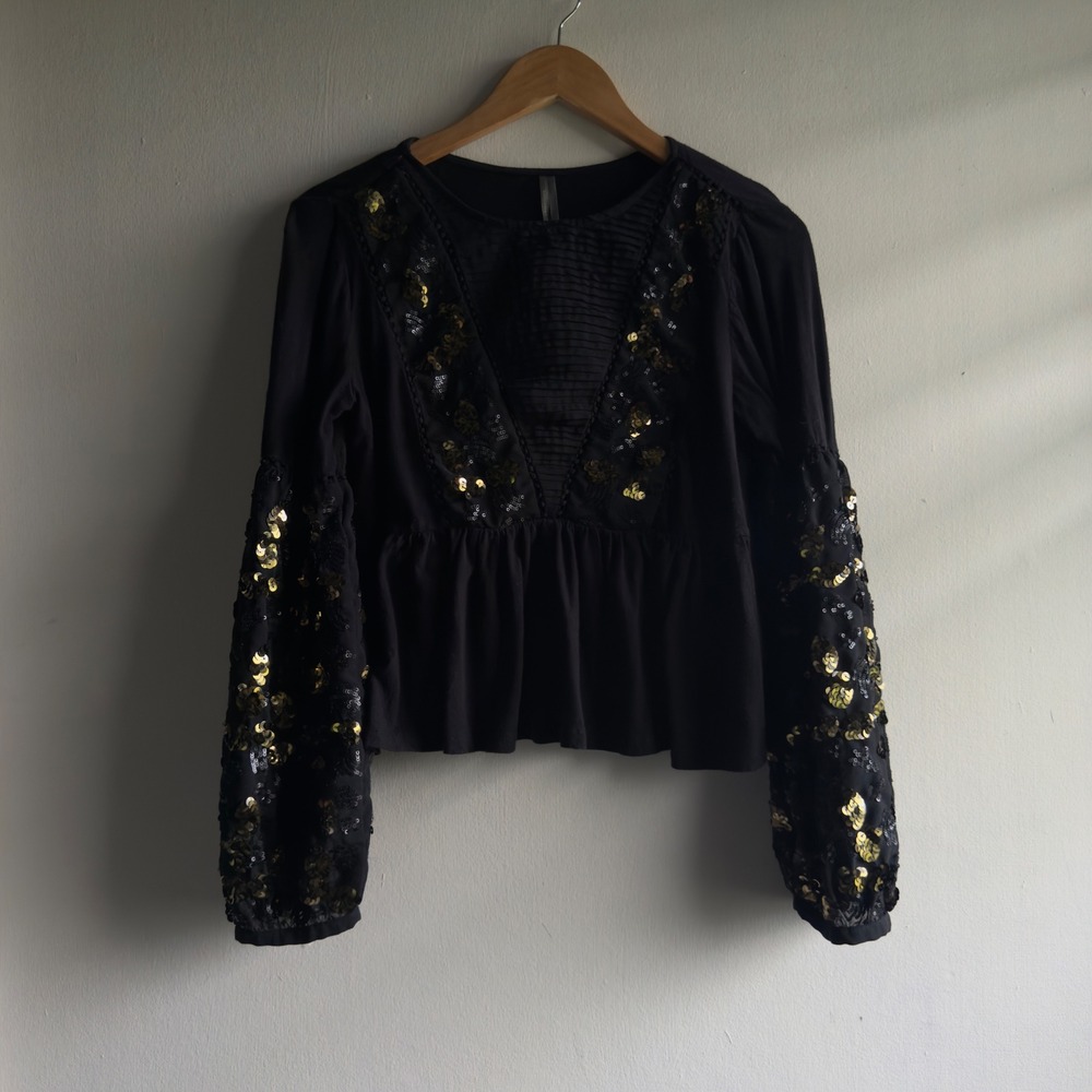Anthropologie Black Gold Sequin Peplum Top Balloon Sleeve Boho Women Small